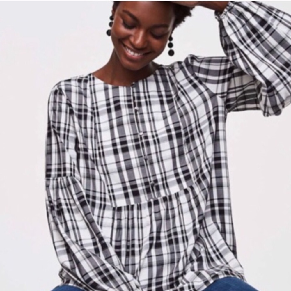 LOFT Plaid Blouson Henley Tunic Top
